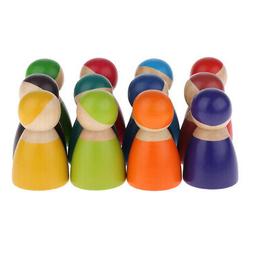 12pcs poup&eacute;es en bois arc en ciel personnes poup&eacute;es d&eacute;cor
