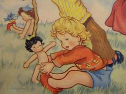 Ancien jouet puzzle bois jeux enfants poup&eacute;e Golli lessiveu