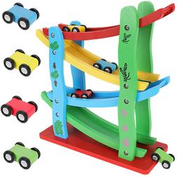 Autorennbahn en Bois Avec 4 V&eacute;hicules Piste Jouet pour Enfa