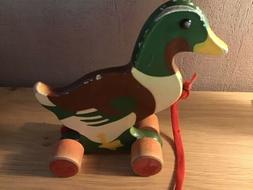 JOUET ANCIEN A TIRER CANARD COL VERT  EN BOIS