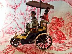 Jouet m&eacute;canique ancien t&ocirc;le lithographi&eacute;e "je fais le tou