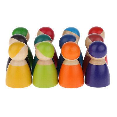 12pcs poupees en bois arc en ciel