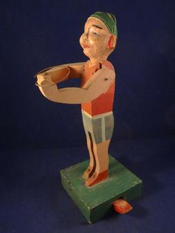 Rare ancien jouet en bois sportif volleyeur avec m&eacute;canisme 